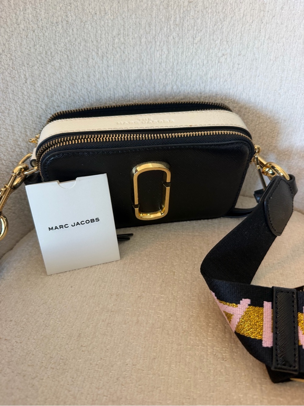 Marc Jacobs Black and White Snapshot Crossbody with Decorative Strap
